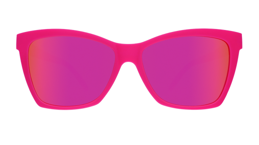 Front view of hot pink sunglasses angled cat-eye sunglasses with reflective pink lenses.