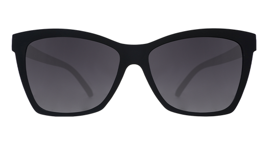 Front view of stylish black sunglasses with an angled cat-eye shape and non-reflective black gradient lenses.