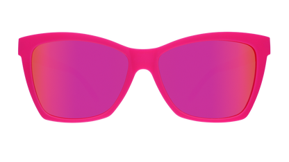 Front view of hot pink sunglasses angled cat-eye sunglasses with reflective pink lenses.