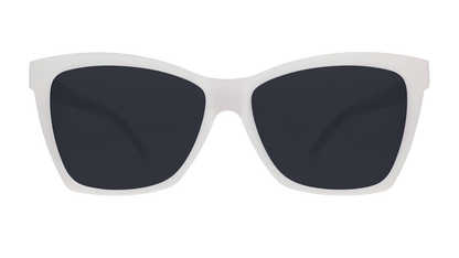 Front view of solid white sunglasses with an angled cat-eye frame and non-reflective black lenses.