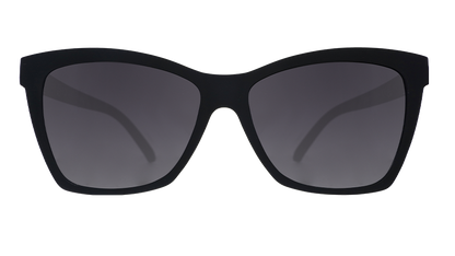 Front view of stylish black sunglasses with an angled cat-eye shape and non-reflective black gradient lenses.