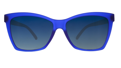 Front view of translucent dark blue angled cat-eye sunglasses with blue gradient lenses.