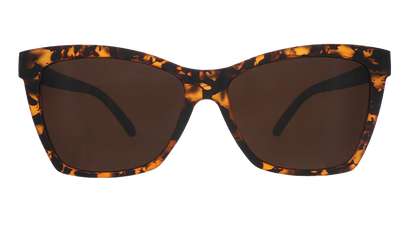 Front view of brown tortoiseshell angled cat-eye sunglasses with non-reflective brown lenses.